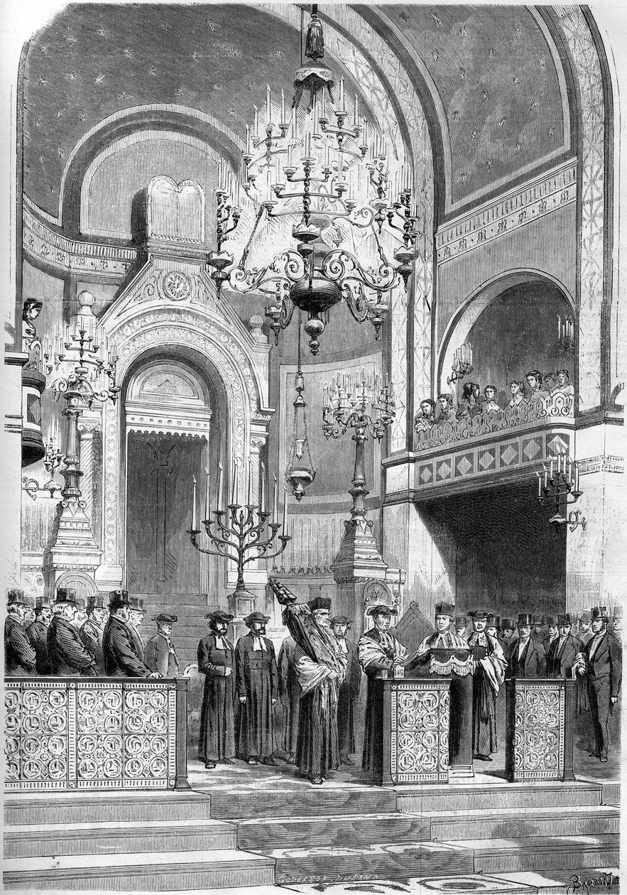 Judaizm: uroczyste przyjęcie naczelnego rabina Paryża, Zadoca Kahna (1839-1905), w synagodze przy rue Notre Dame de Nazareth, 13 stycznia 1869 r. Naczelny rabin zaintonował „Modlitwę za cesarza”. Grawerowanie w „Wspaniałym świecie” nr 615 z 23 ja autorstwa French School