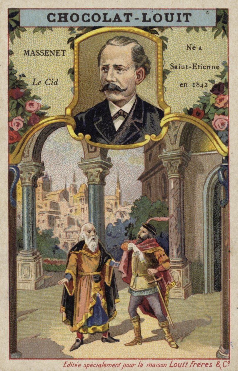 Jules Massenet, francuski kompozytor, i scena z jego opery Le Cid (chromolitografia) autorstwa French School