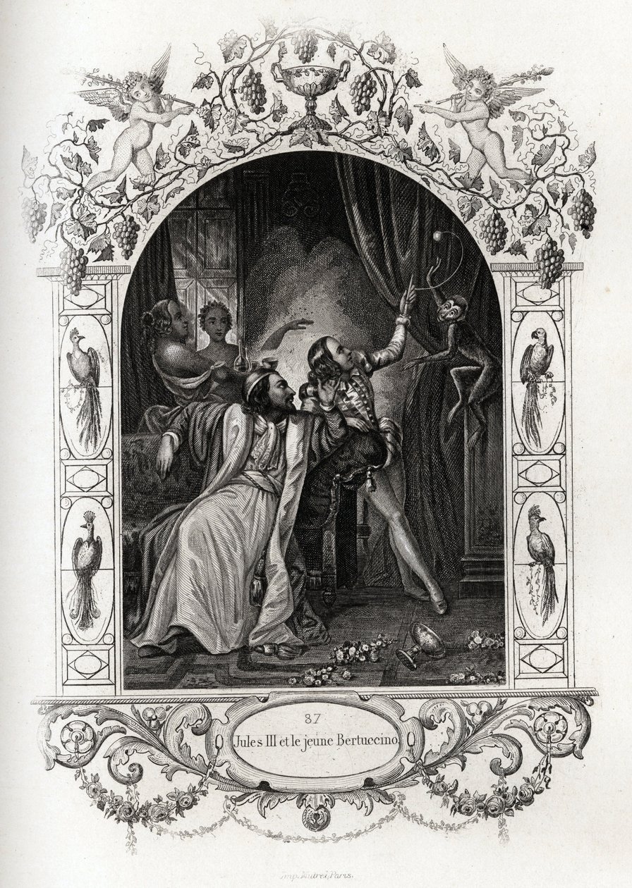 Juliusz III (juliusz lub Iulius lub Giulio) (papież od 1550 do 1555) i młody Bertuccino, pokaz małp. Rycina ilustrująca Histoire des Popes Maurice