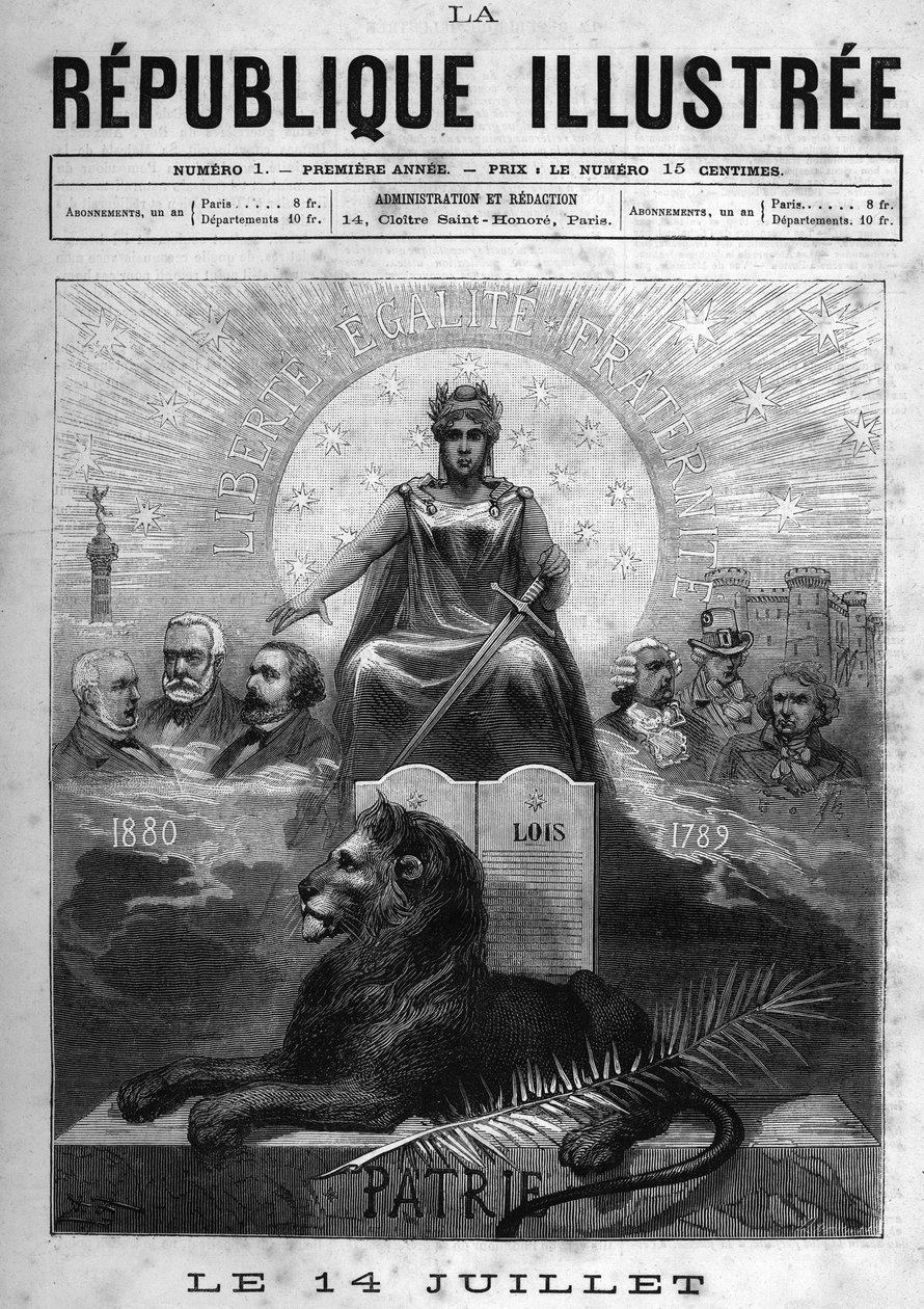 14 lipca: Allegorie de la Republique Francaise. Kobieta zwieńczona laurami i trzymająca miecz. U jego stóp lew, palma i tablica praw. Nad nim motto Republiki „Liberte, Equality, Fraternity””. Na kursy intelektualne i polityczne autorstwa French School