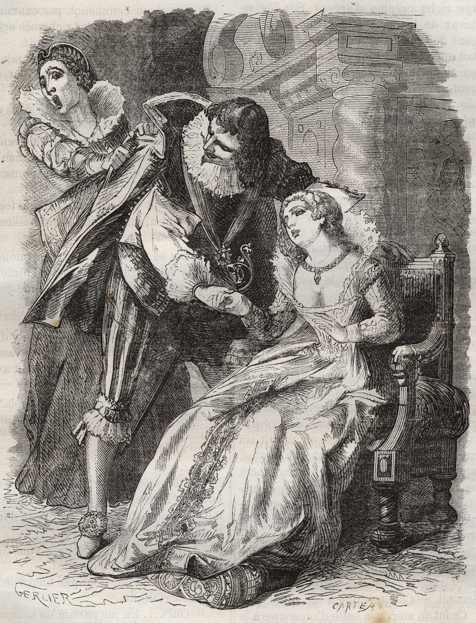 Skacząc jak wściekły, chwytając księcia za płaszcz... Królowa Francji Anna Austriacka (1601-1666) i książę Buckingham (George Villiers autorstwa French School