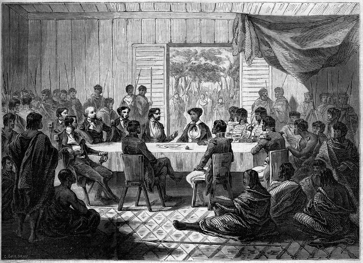 Kabar (spotkanie) francuskich oficerów i wodzów malgaskich reprezentujących królową Ranavalo Manjakę I (Ranavalona). Madagaskar autorstwa French School