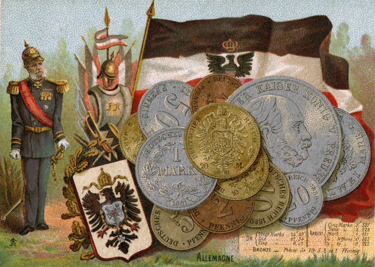 Kaiser Wilhelm I stojący obok flagi Królestwa Prus i ekspozycji niemieckich marek, ok. 1890 autorstwa French School