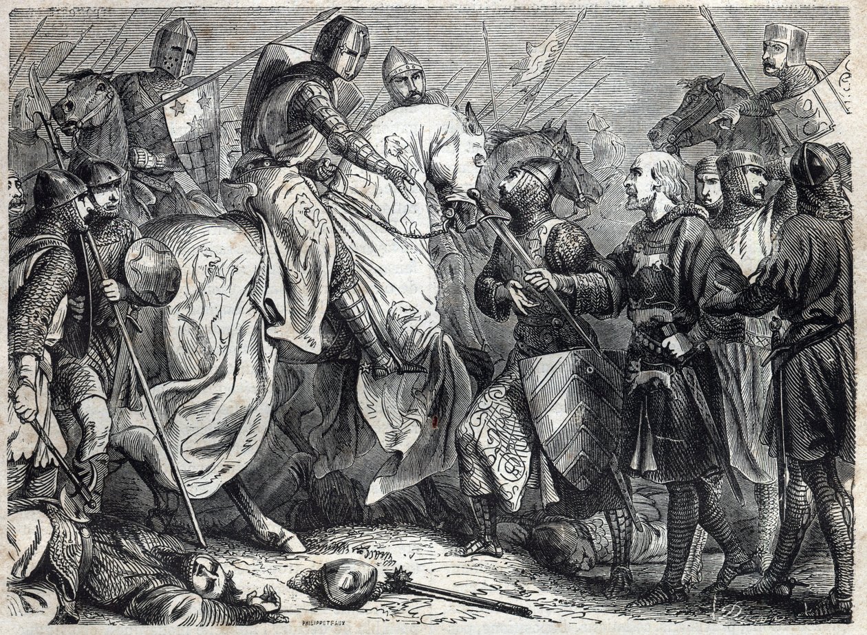 Król Alfons V Wspaniały (w. 1396-1458), król Aragonii, podbija królestwo Neapolu. Rycina w „Historii papieży (...) Zbrodnie królowej króla i cesarzy na przestrzeni wieków” Maurice Lachatre autorstwa French School