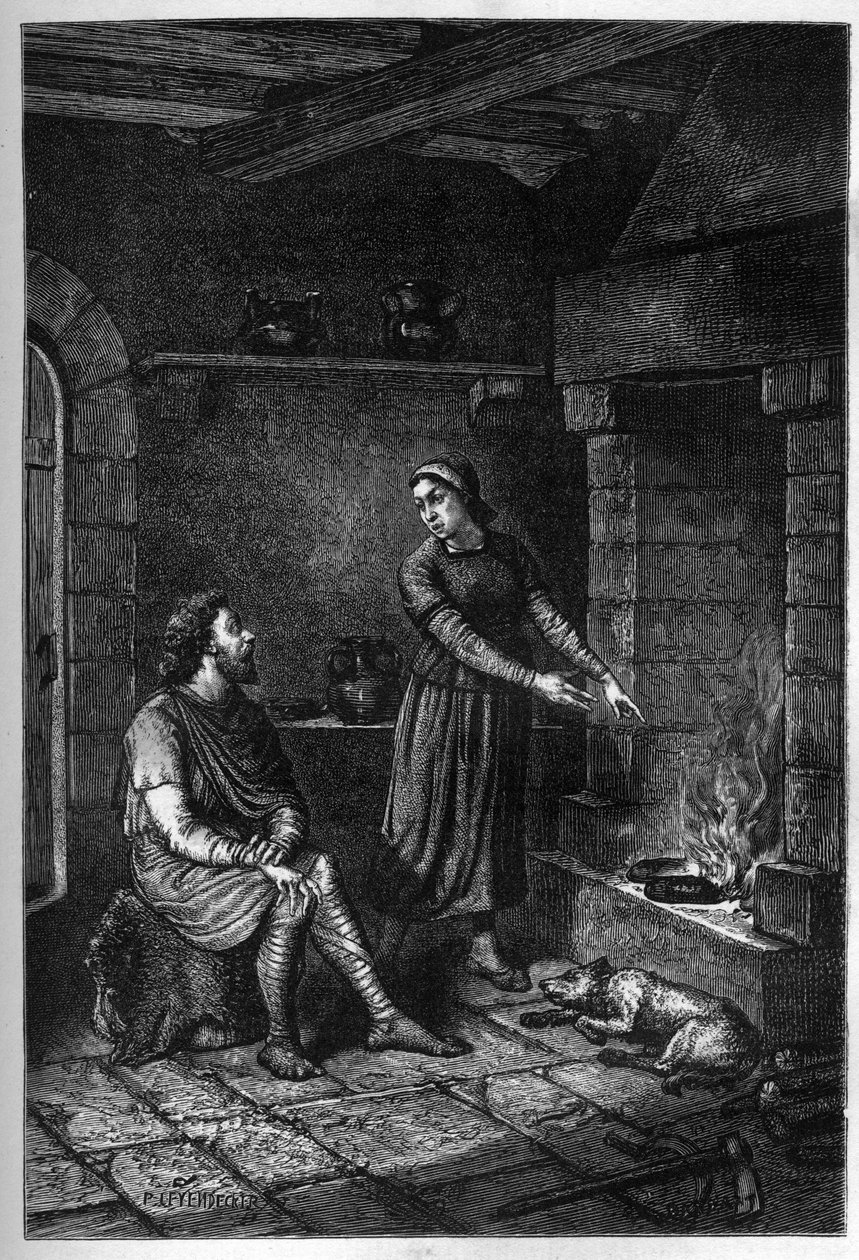 „Król Alfred Wielki (849-899) zapomina ciastka przygotowane przez duński dom pod jej dachem w Athelney i pali je, 878 (rycina) autorstwa French School