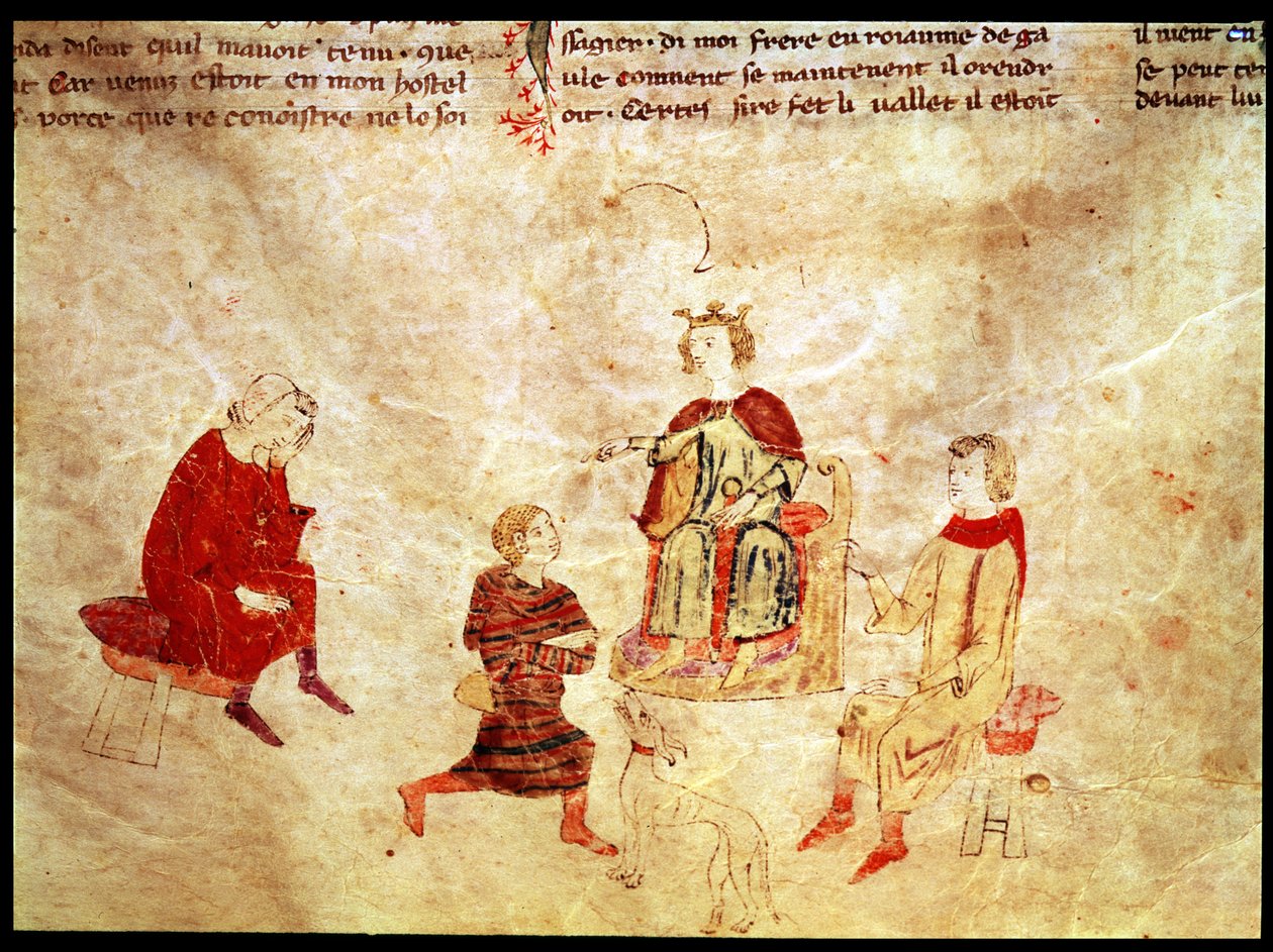 Król Artur na tronie otoczony przez swoich doradców, z Roman de Meliadus autorstwa French School