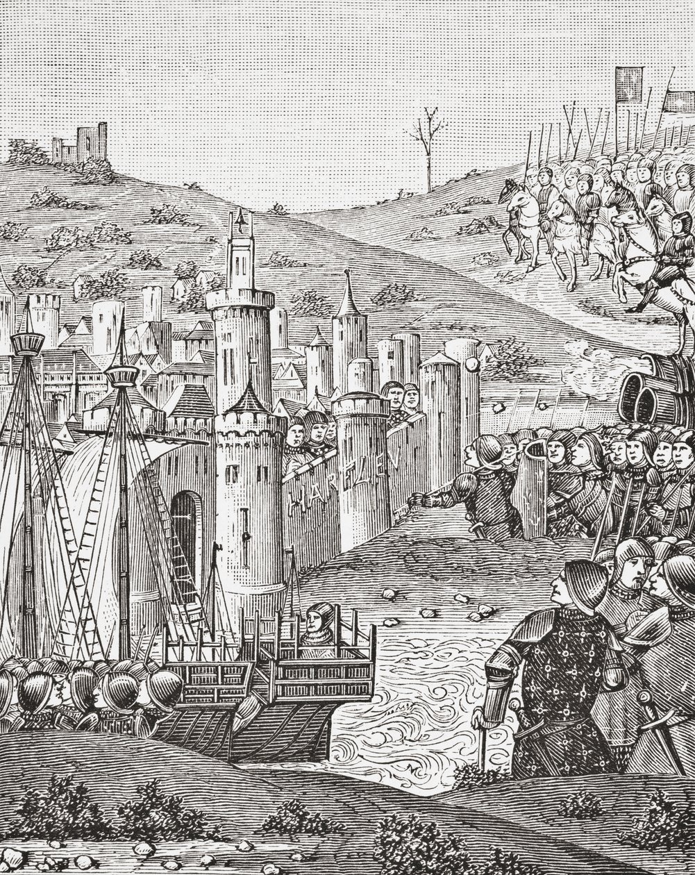 Król Karol VII, po opuszczeniu Rouen, wyrusza na oblężenie miasta Harfleur, po miniaturze z XV-wiecznego rękopisu Chroniques de Monstrelet, z Science and Literature in The Middle Ages autorstwa Paula Lacroix pub. Londyn 1878 autorstwa French School