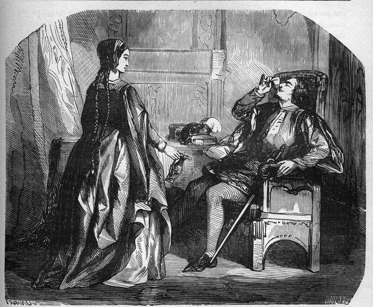 Król Francji Karol VI, znany jako Karol Dobry Aime, następnie Karol Fol (1368-1422) ze swoją kochanką Odinette (Odette) de Champdivers. Grawer w „Historii prostytucji i rozpusty wśród wszystkich narodów świata od starożytności do autorstwa French School