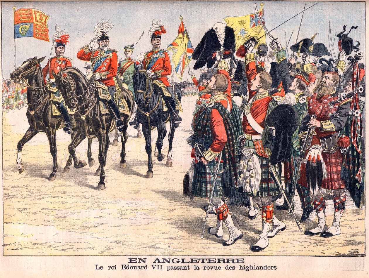 Król Edward VII dokonujący przeglądu oddziałów góralskich. W Anglii. Król Edward VII (1841-1910) zdający przegląd góralski. Ilustracja do Le petit Journal, 8 października 1905. autorstwa French School
