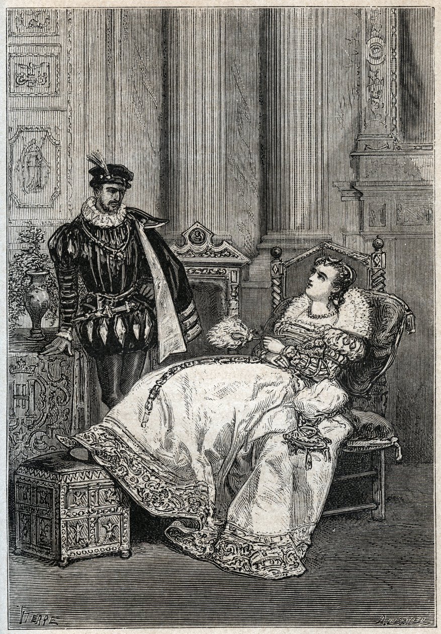 Król Henryk II (1519-1559) i Diane de Poitiers (1499-1566) - Henryk II z Francji i Diana de Poitiers - grawerowanie z „” Histoire de France” autorstwa Julesa Micheleta - 1876-1877 - autorstwa French School