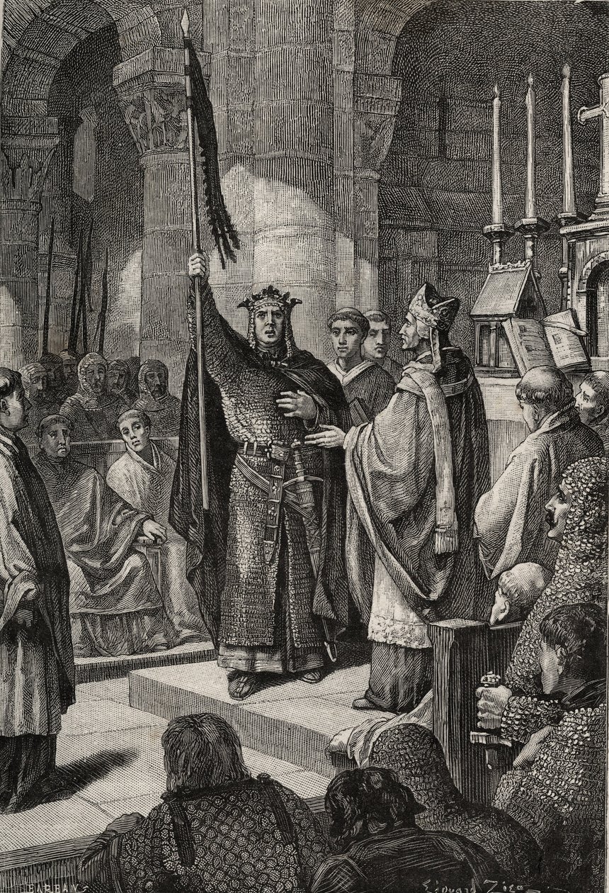 Król Ludwik VII (1120-1180) przejmuje oriflame w Bazylice Saint Denis (Saint Denis) w obecności królowej Akwitanii Alienor i odbiera trzmiel i pannetiere pelerin z rąk papieża Eugeniusza III (? -1153) przed jego odejściem autorstwa French School