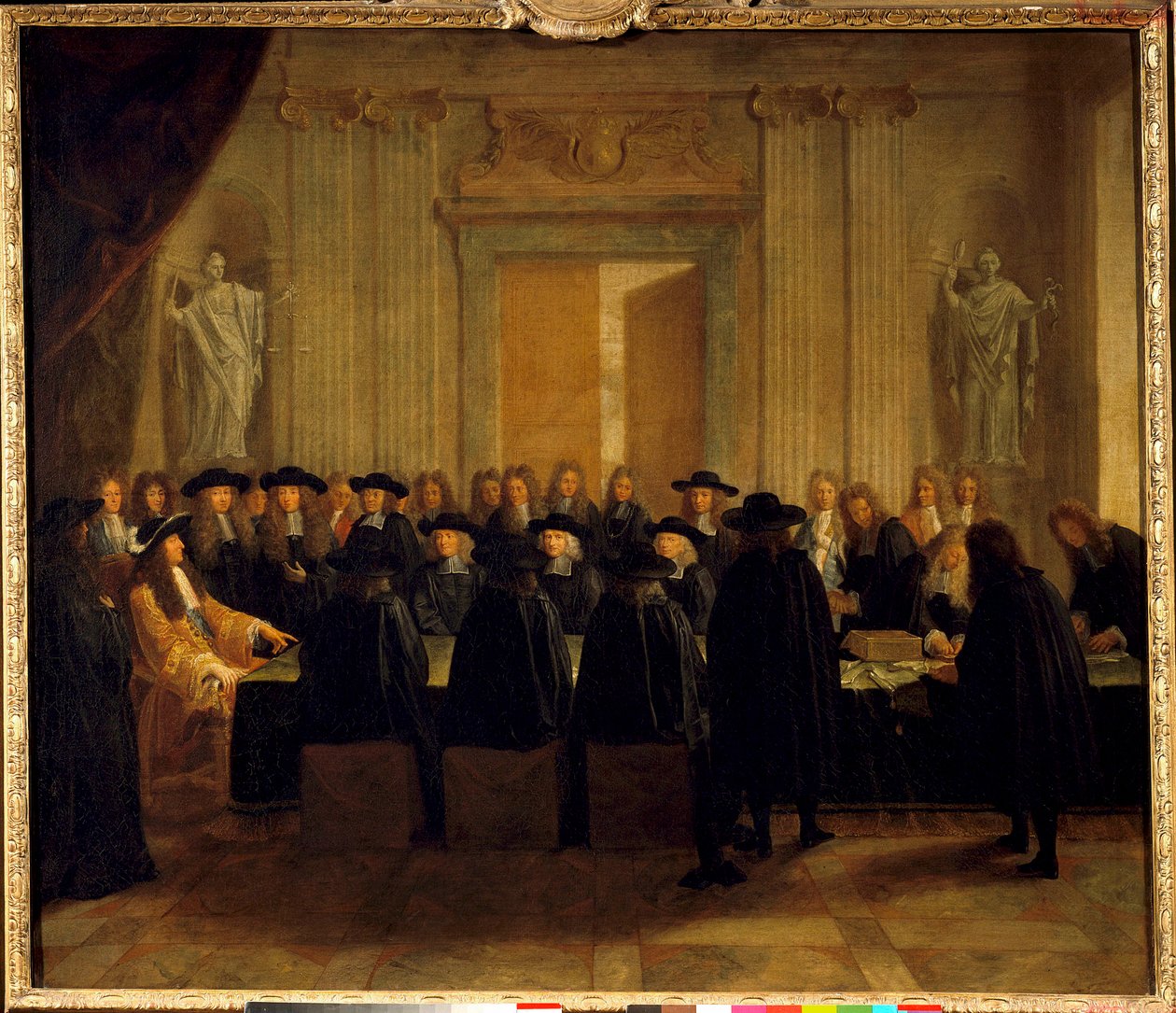 Król Ludwik XIV (1638-1715) trzymający pieczęcie w obecności Radnych Stanu i Mistrza Prośb, podczas gdy on sam sprawował urząd kanclerza Francji od lutego do kwietnia 1672 r. Malarstwo anonimowe. XVII w. niedz. 1,10 x 1,28 m² autorstwa French School