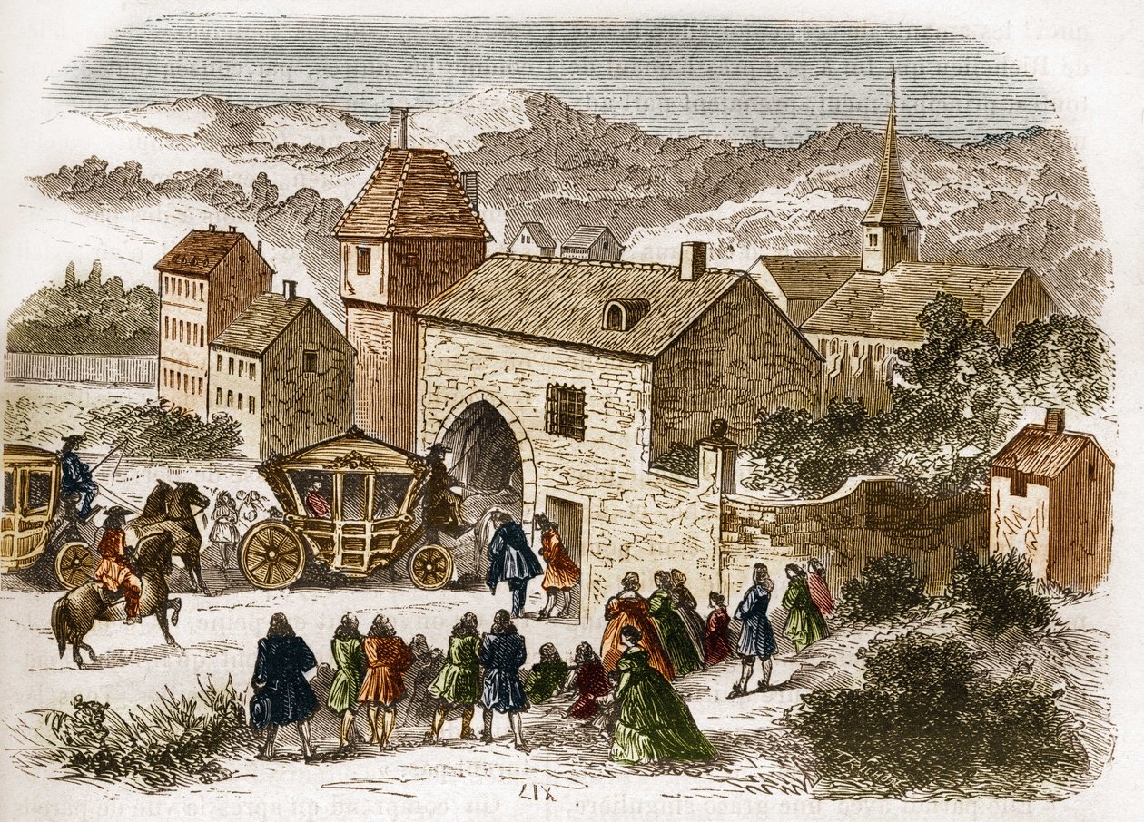 Król Ludwik XIV (1638-1715) odwiedzający Melle de Fontanges (1661-1681) w Port Royal około 1680 roku. Grawer w „Historia prostytucji i rozpusty wśród wszystkich narodów świata od starożytności do dnia dzisiejszego” autorstwa dr Th. . -F. Debray. 1879. autorstwa French School