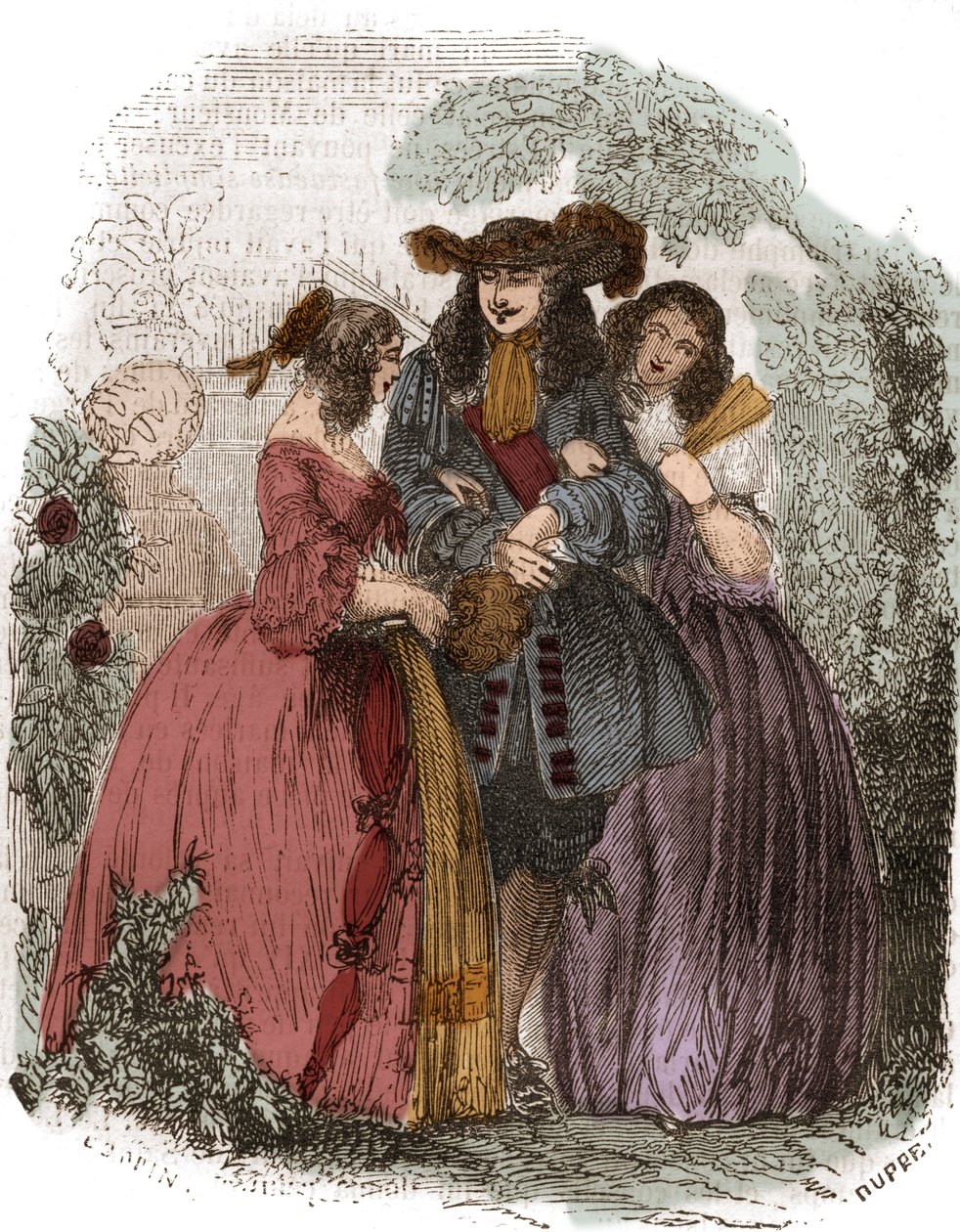 Król Francji Ludwik XIV (1638-1715) z Hortense Mancini (1646-1699) i jego siostrą Marie Mancini (1639-1715). Siostrzenice Mazarina. Rycina XIX wieku. autorstwa French School