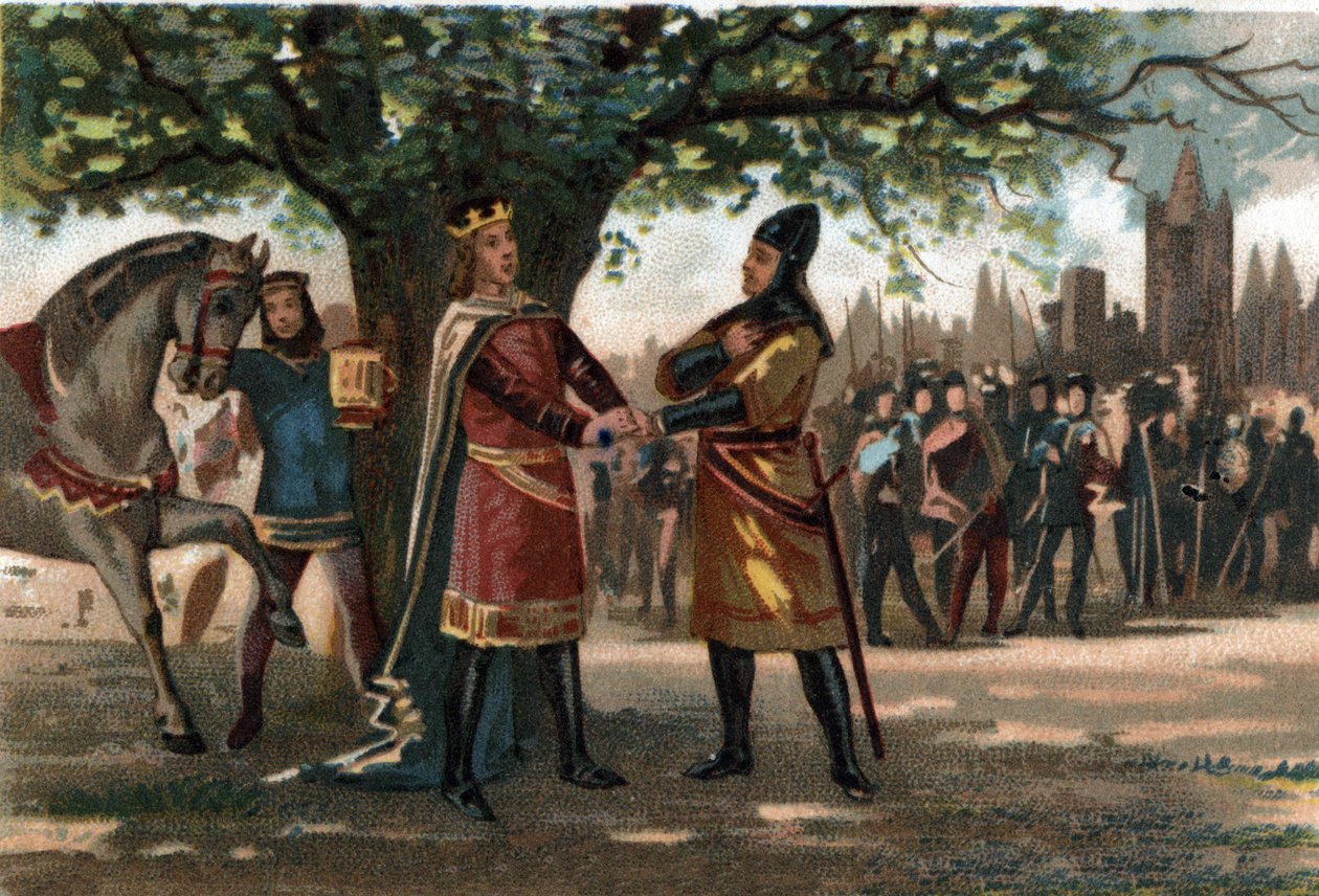 Król Francji Filip August (1165-1223) spotkał Króla Ryszarda Lwie Serce w Saint Denis podczas zdobywania Oriflame. Chromolitografia około 1890 r. autorstwa French School