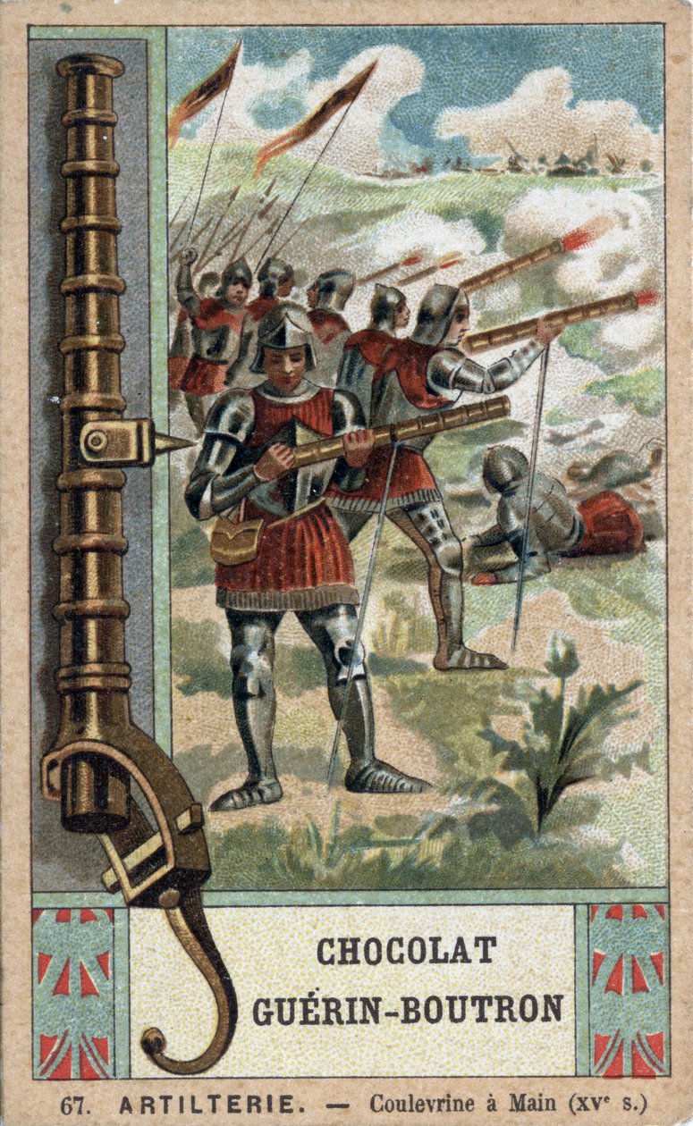 Rycerz manewrujący kulą ręczną z XV wieku. Chromolitografia z XIX wieku czekolad Guérin-Boutron. autorstwa French School