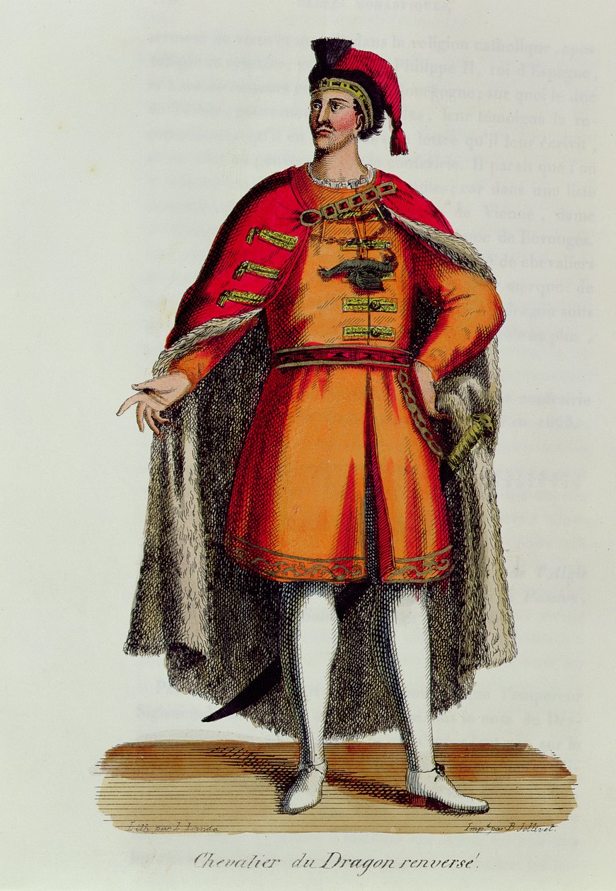 Rycerz węgierskiego Orderu Smoka Przewrócony, ilustracja z Histoire et Costumes des Ordres Monastiques autorstwa Pierre