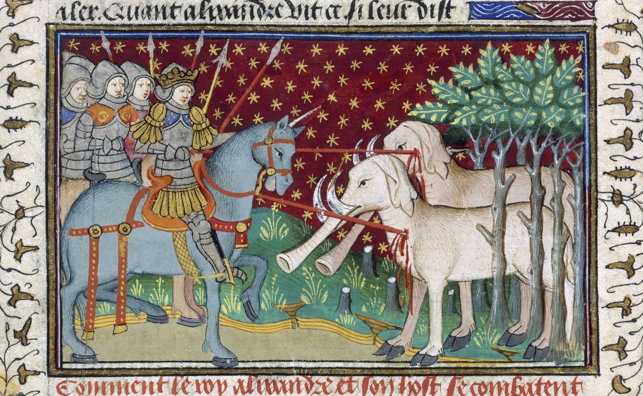 Rycerze atakujący słonie, z „Księgi romansów Shrewsbury Talbot”, ok. 1445 (welum) autorstwa French School