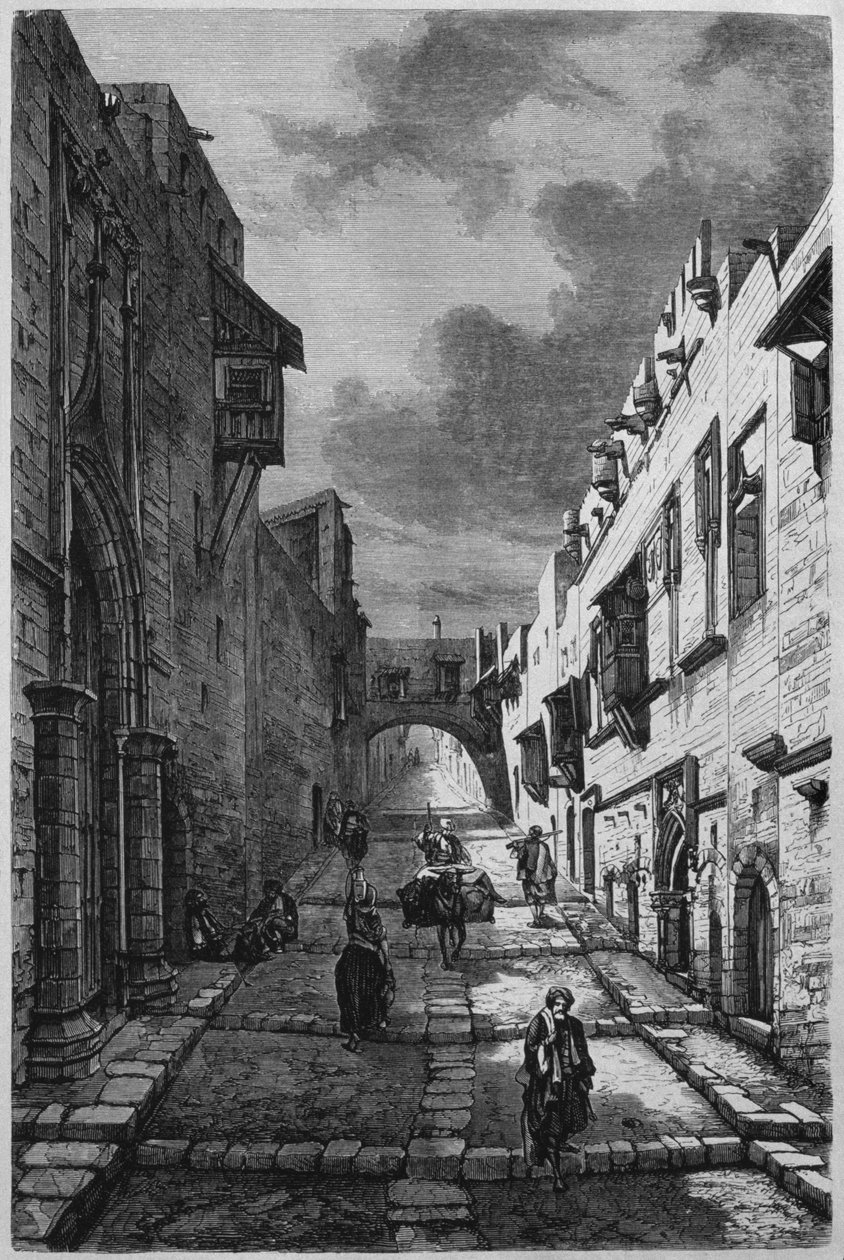 Knights Street na Rodos, z dzisiejszej Syrii. Podróżuje po Fenicji, Libanie i Judei. 1875-1880 Louis Charles Emile Lortet, 1884 (bw grawerowanie) autorstwa French School