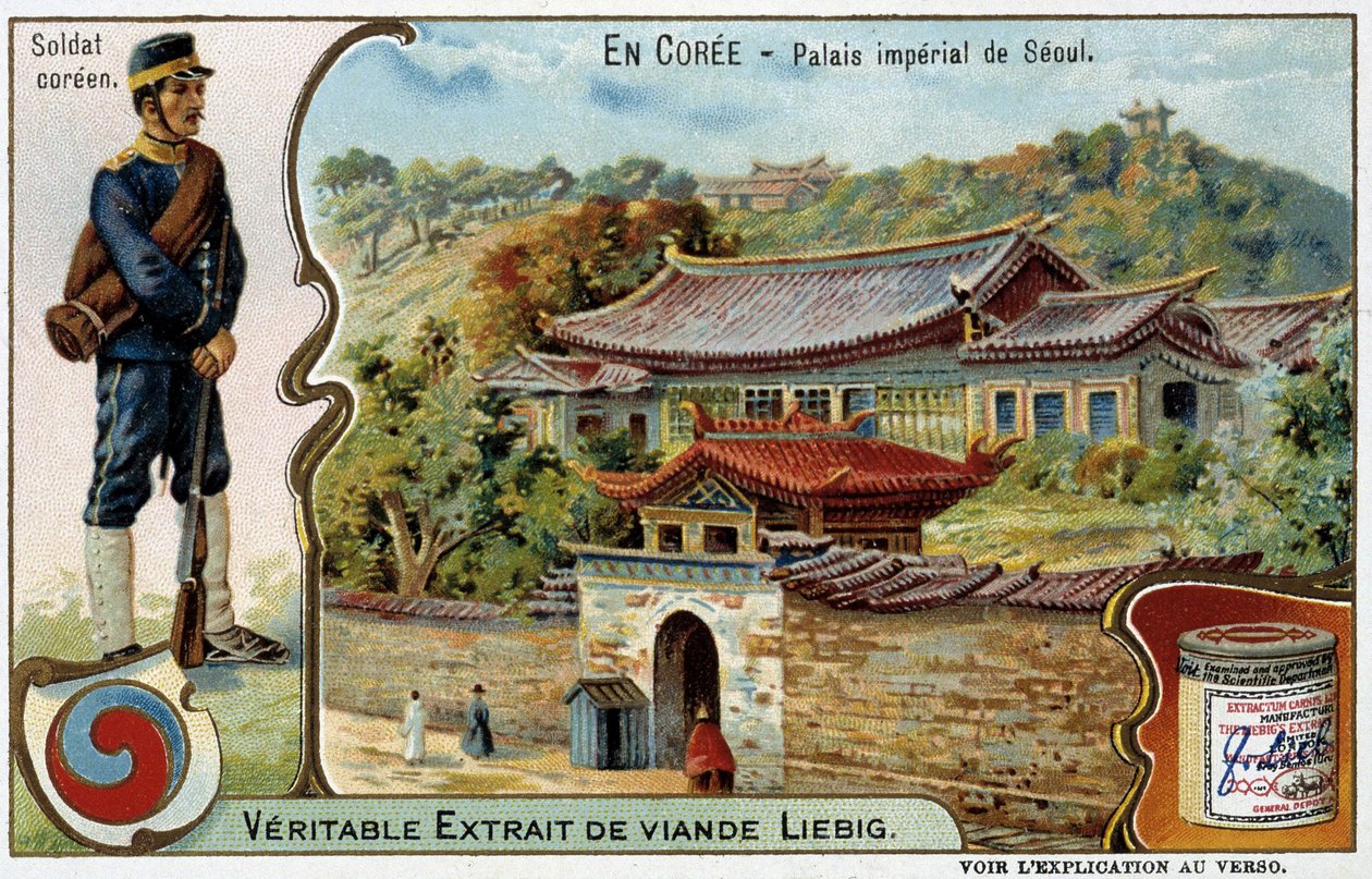 Korea: Pałac Cesarski w Seulu i Kostium Żołnierza – Liébig chromo, v.1900 autorstwa French School