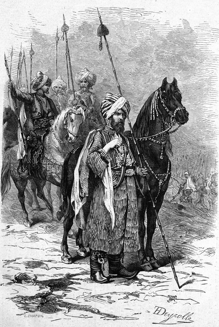 Żołnierze kurdyjscy w 1877 roku podczas wojny wschodniej (1875-1878) zwanej także turecką wojną rosyjską (rosyjsko-turecką). Grawerowanie w „”Le Monde Illustré””n°1055 z 30 czerwca autorstwa French School