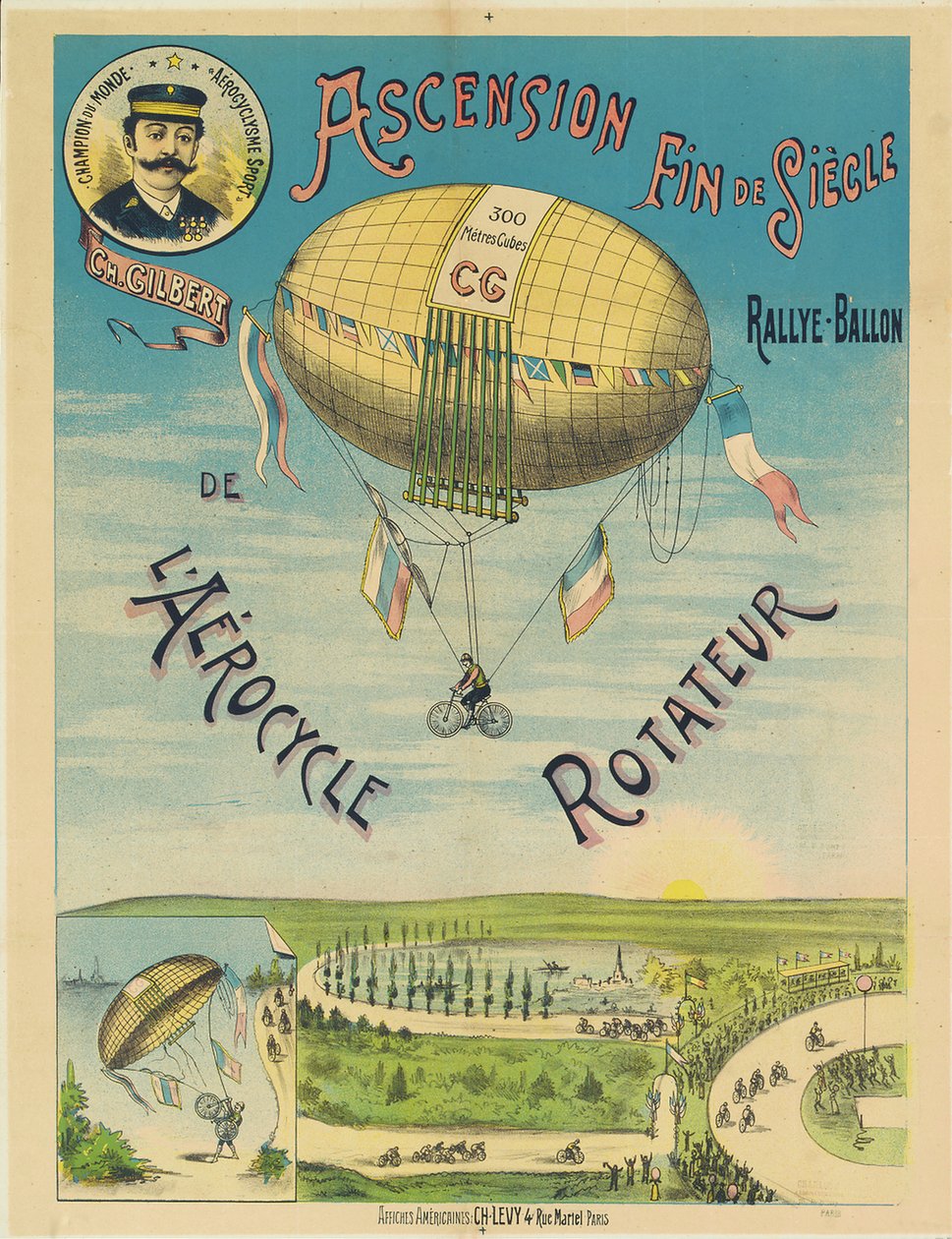 "L"Aerocycle Rotateur", plakat reklamowy roweru na ogrzane powietrze, ok.1890 r. autorstwa French School