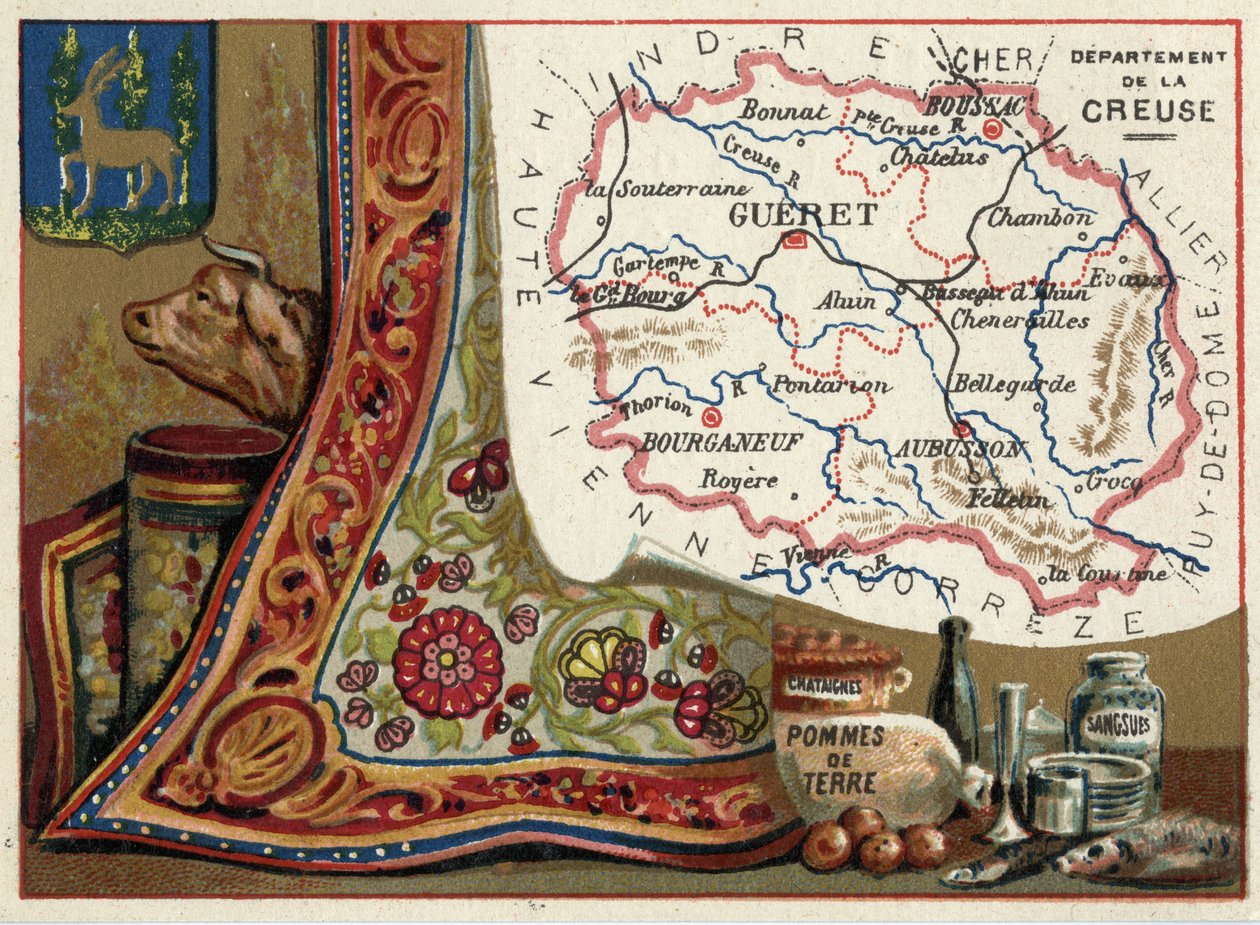 La Creuse (23), Le Limousin, Francja. Kasztany, ziemniaki i pijawki. Seria o francuskich departamentach. Chromolitografia (Chromo) „”nić geograficzna””, ok. 1920 r. Zbiory prywatne. autorstwa French School