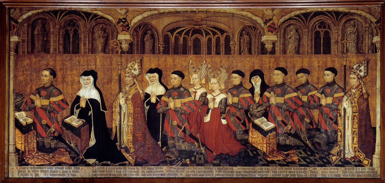 La Famille Jouvenel des Ursins Sędzia pokoju, prevot Jean Jouvenel des Ursins lub Jean Juvenal des Ursins (1360-1431), reprezentuje w modlitwie wraz z członkami swojej rodziny. Malarstwo na drewnie Szkoły Francuskiej. 1443-1449. Słońce 1,3x3,5 m Paryż, muz autorstwa French School