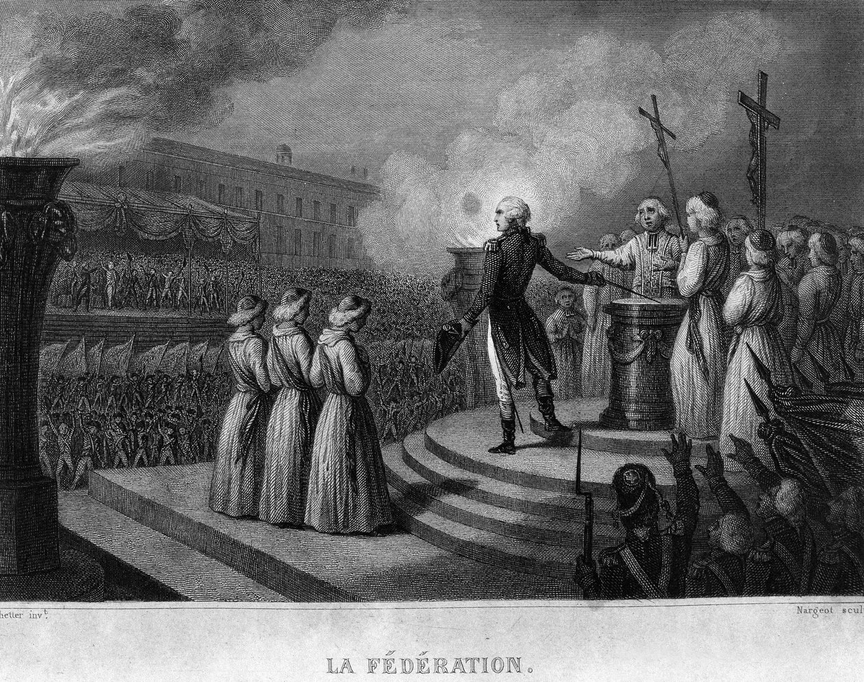 La Fédération (14 lipca 1790), rocznica zdobycia Bastylii: przysięga konstytucyjna – w „Revolution francaise” Thiersa. 19 wiek autorstwa French School