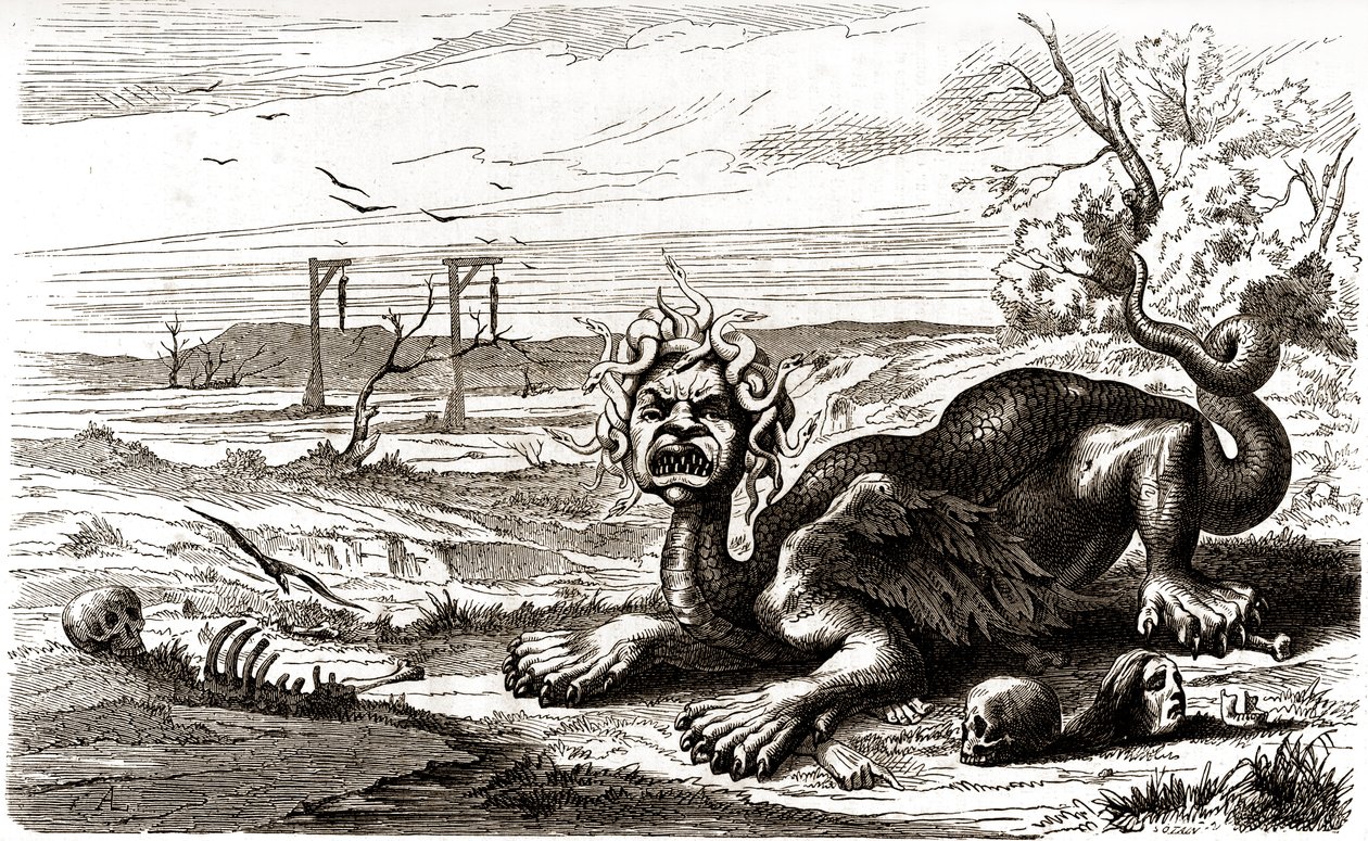 La Frond (1648-1653): potworne zwierzę o wężowych włosach, stoi nad ludzkimi zwłokami i szkieletami. autorstwa French School