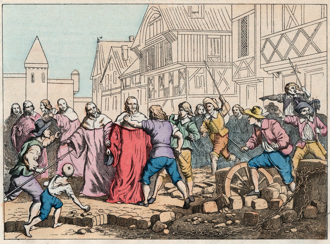 La Fronde (27 sierpnia 1648) - barykady w Paryżu: chłopiec wirnika zagrażający przewodniczącemu parlamentu Mathieu Mole (1584-1656) - prezydent Mole poturbowany przez powstańców - Rycina z końca XIX wieku w „” Nos Gires Nationales - Obrazy i odtworzenia autorstwa French School