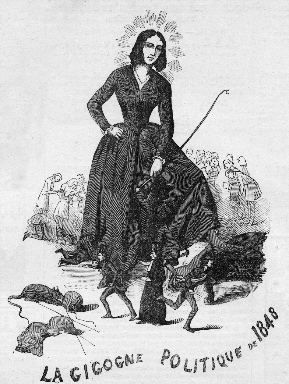 Polityczny Gigogne z 1848 r. (George Sand (Aurore Dupin, Baronne Dudevant) (1804-1876) pisarz francuski). autorstwa French School