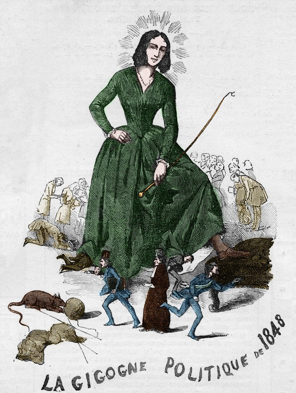 Polityczny Gigogne z 1848 r. (George Sand (Aurore Dupin, Baronne Dudevant) (1804-1876) pisarz francuski). Rysunek wykonany w Bourges w 1848 roku z romantycznej kolekcji Adolphe