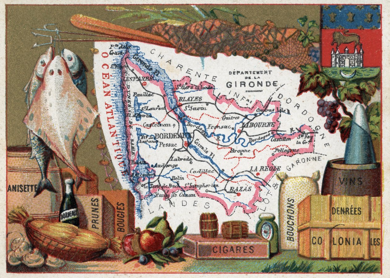 La Gironde (33), Akwitania, Francja. Lokalna specjalność: ryby, anyż, wino Bordeaux, śliwki, świece, cygara, korki i potrawy kolonialne. Seria o francuskich departamentach. Chromolitografia (Chromo) „”nić geograficzna””, ok. 1920 r. Zbiory prywatne. autorstwa French School