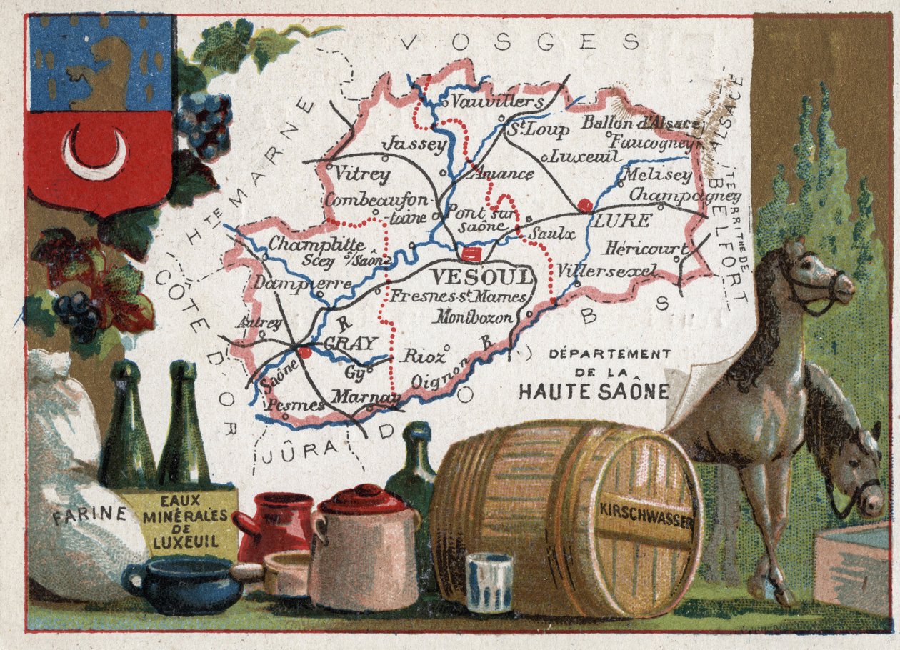 Haute-Saone (Haute Saone, 70), Franche Comte (Franche-Comte), Francja. Mąka, Luxeuil Minerales, kirschwasser (kirsch). Seria o francuskich departamentach. Chromolitografia (Chromo) „”nić geograficzna””, ok. 1920 r. Ze zbiorów prywatnych. autorstwa French School
