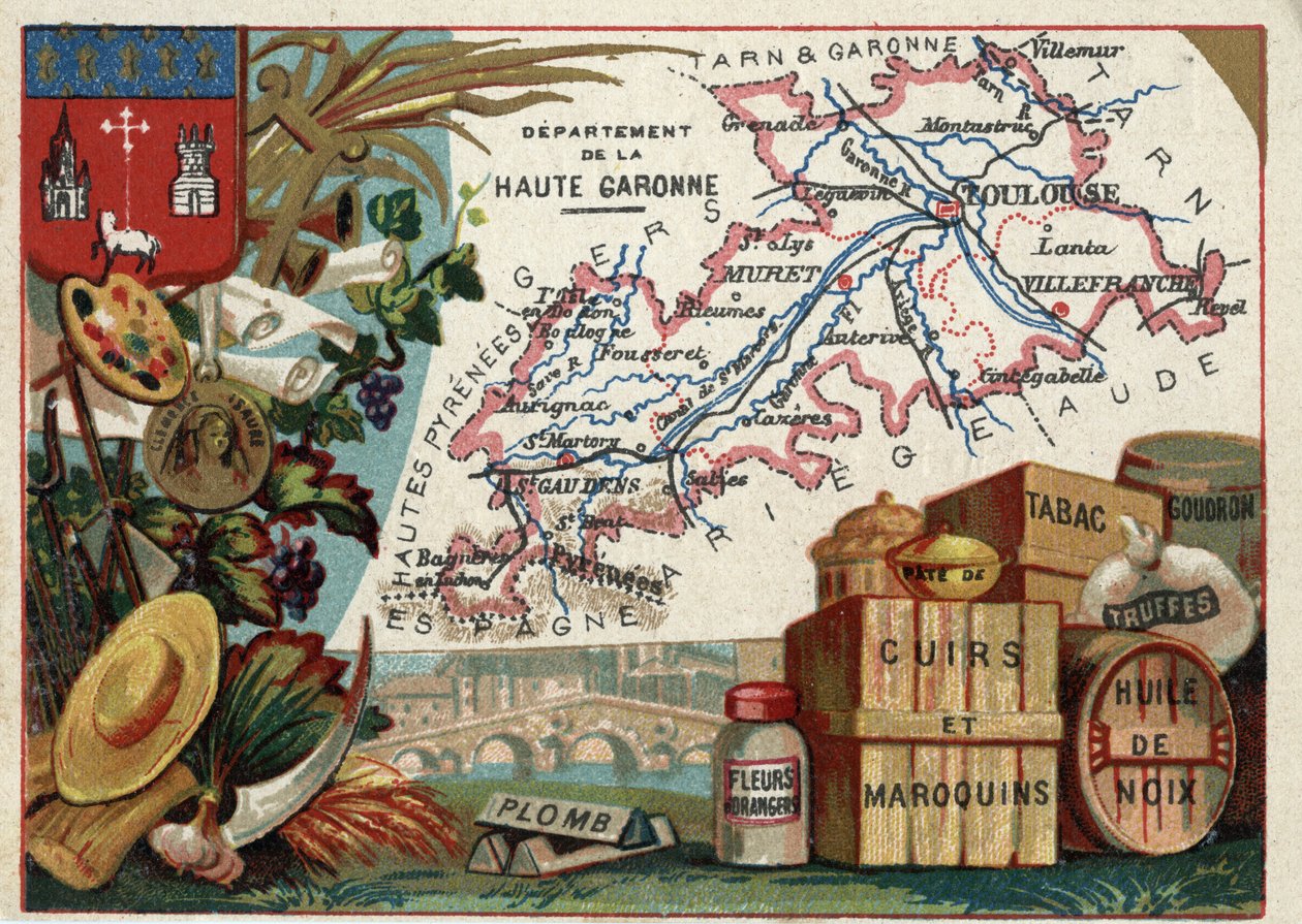 La Haute Garonne (Haute-Garonne, 31), Midi-Pyrenees (Midi Pyrenees), Francja. Lokalna specjalność: ołów, kwiaty pomarańczy, pasta, wyroby skórzane i skórzane, tytoń, olej z orzechów włoskich, smoła i trufle. Seria o francuskich departamentach. Chromolitogr autorstwa French School