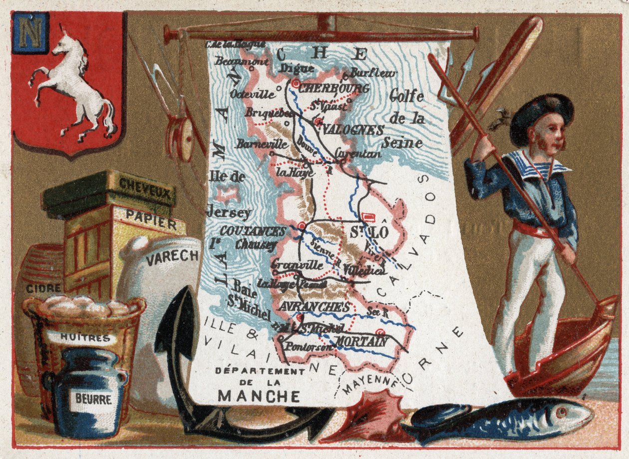 La Manche (50), Dolna Normandia (Dolna Normandia), Francja. Lokalna specjalność: brzoskwinia i ostrygi, cydr i papier. Seria o francuskich departamentach. Chromolitografia (Chromo) „”nić geograficzna””, ok. 1920 r. Ze zbiorów prywatnych. autorstwa French School