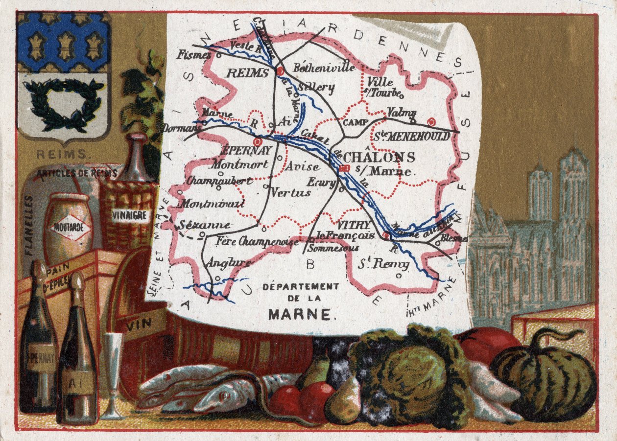 La Marne (51) w Szampania-Ardenach (Szampania-Ardeny), Francja. Lokalne specjały: szampan i Cathedrale de Reims. Seria o francuskich departamentach. Chromolitografia (Chromo) „”nić geograficzna””, ok. 1920 r. Zbiory prywatne. autorstwa French School