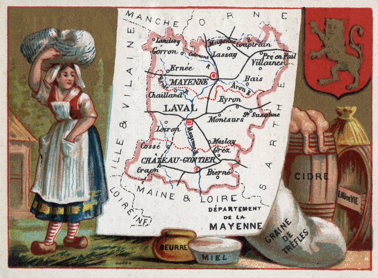 La Mayenne (53), Kraj Loary, Francja. Chłop, masło, miód, nasiona koniczyny, cydr i brandy. Seria o francuskich departamentach. Chromolitografia (Chromo) „”nić geograficzna””, ok. 1920 r. Ze zbiorów prywatnych. autorstwa French School