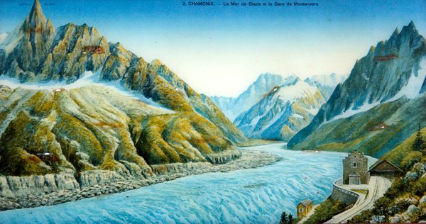 La Mer du Glace, Aiguille du Dru i Stacja Montanvers, ok. 1900 (kolorowe zdjęcie) autorstwa French School