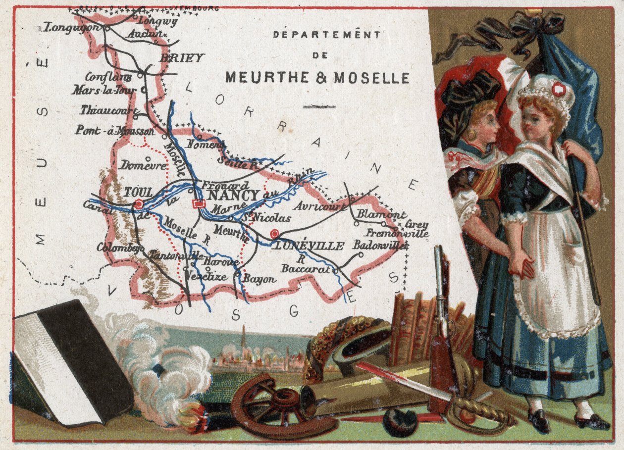 La Meurthe et Moselle (Meurthe-Et-Moselle, 54), Lotaryngia, Francja. Portret dwóch rewolucyjnych kobiet. Seria o francuskich departamentach. Chromolitografia (Chromo) „”nić geograficzna””, ok. 1920 r. Zbiory prywatne. autorstwa French School