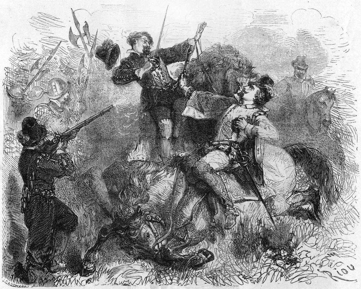La Renaudie, dżentelmen z Limousin, walczący o wolność religijną, zginął 16 marca 1559 roku podczas bitwy. W „”Histoire Populaire de la France””, sd. ok. 1885 r. Grawerowanie. autorstwa French School