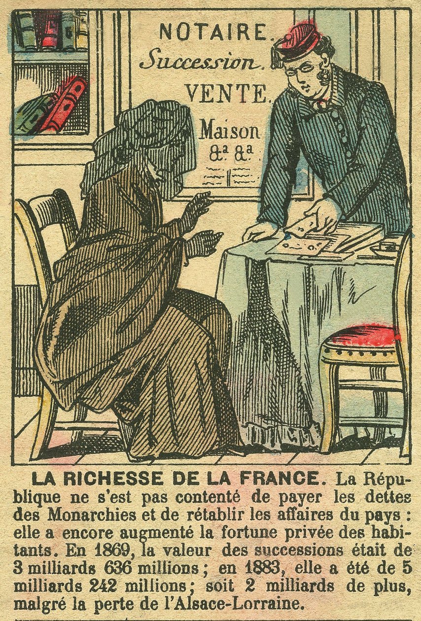 La Riche de la France, ilustrujący korzyści płynące z Trzeciej Republiki dla osobistego wzbogacenia się Francuzów. Rycina zamieszczona w "Le Figaro, dodatek", 30/03/1889, Paryż. autorstwa French School