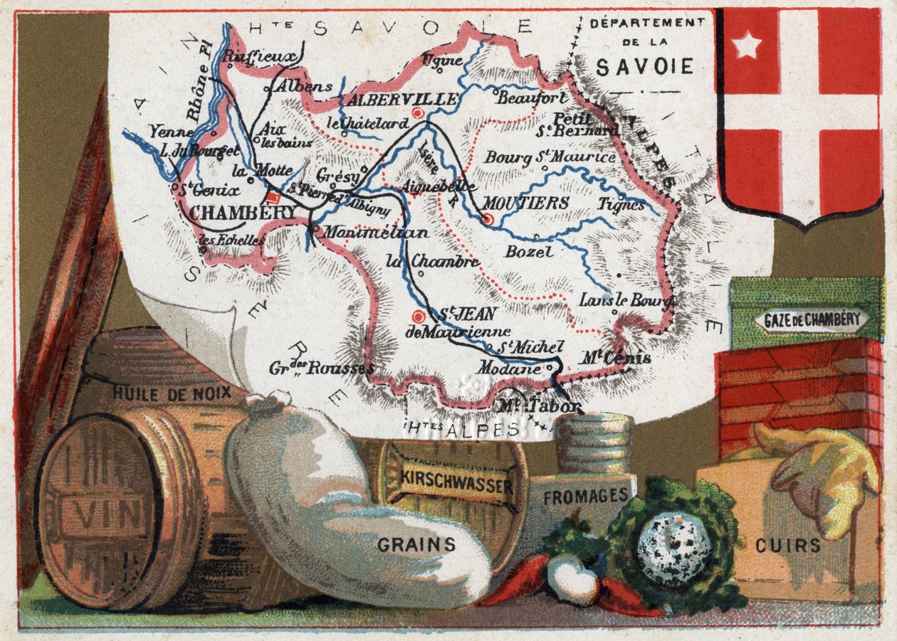 La Savoie (73), Rodan-Alpy (Rodan-Alpy), Francja. Seria o francuskich departamentach. Lokalna specjalność: olej z orzechów włoskich, wino, zboża, kirschwasser (kirsch), ser, gaza komorowa i skóra. Chromolitografia (Chromo) „”nić geograficzna””, ok. 1920 r. autorstwa French School