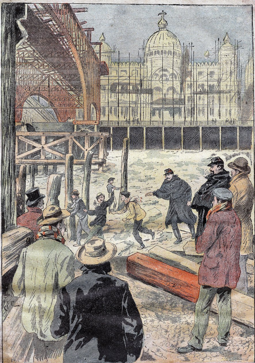 La Seine gelee, w pobliżu żelaznego mostu zbudowanego na wystawę uniwersalną, obok Pont des Invalides, zima 1899. Grawer w „”Le Pelerin”” 31.12.1899. autorstwa French School
