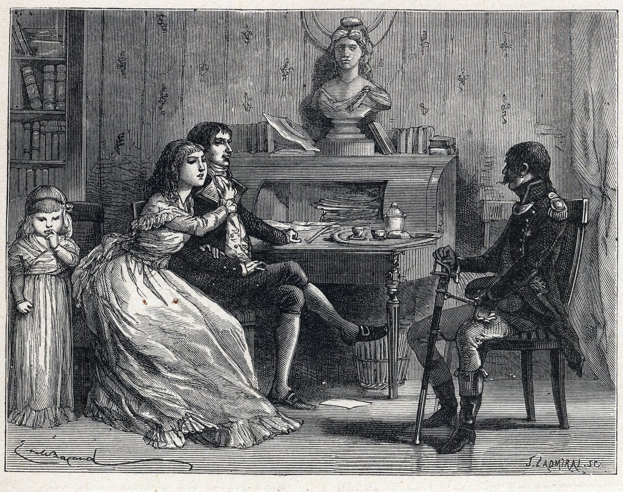 La Terreur podczas Rewolucji Francuskiej: Camille Desmoulins (1760-1794), więziony, odwiedził swoją żonę Lucile (1770-1794) i marszał Guillaume Brune (1763-1815) autorstwa French School
