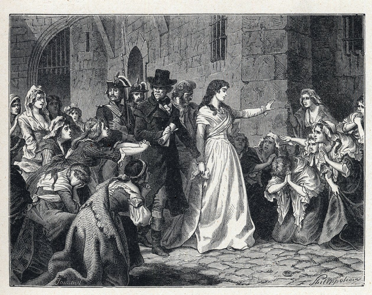 La Terreur podczas Rewolucji Francuskiej: Madame Jeanne Marie Roland de la Platiere (1754-1793) opuszcza więzienie Concierge, by stanąć przed Sądem Rewolucyjnym w 1793 roku. Jego współpracownicy klękają na jego drodze. autorstwa French School