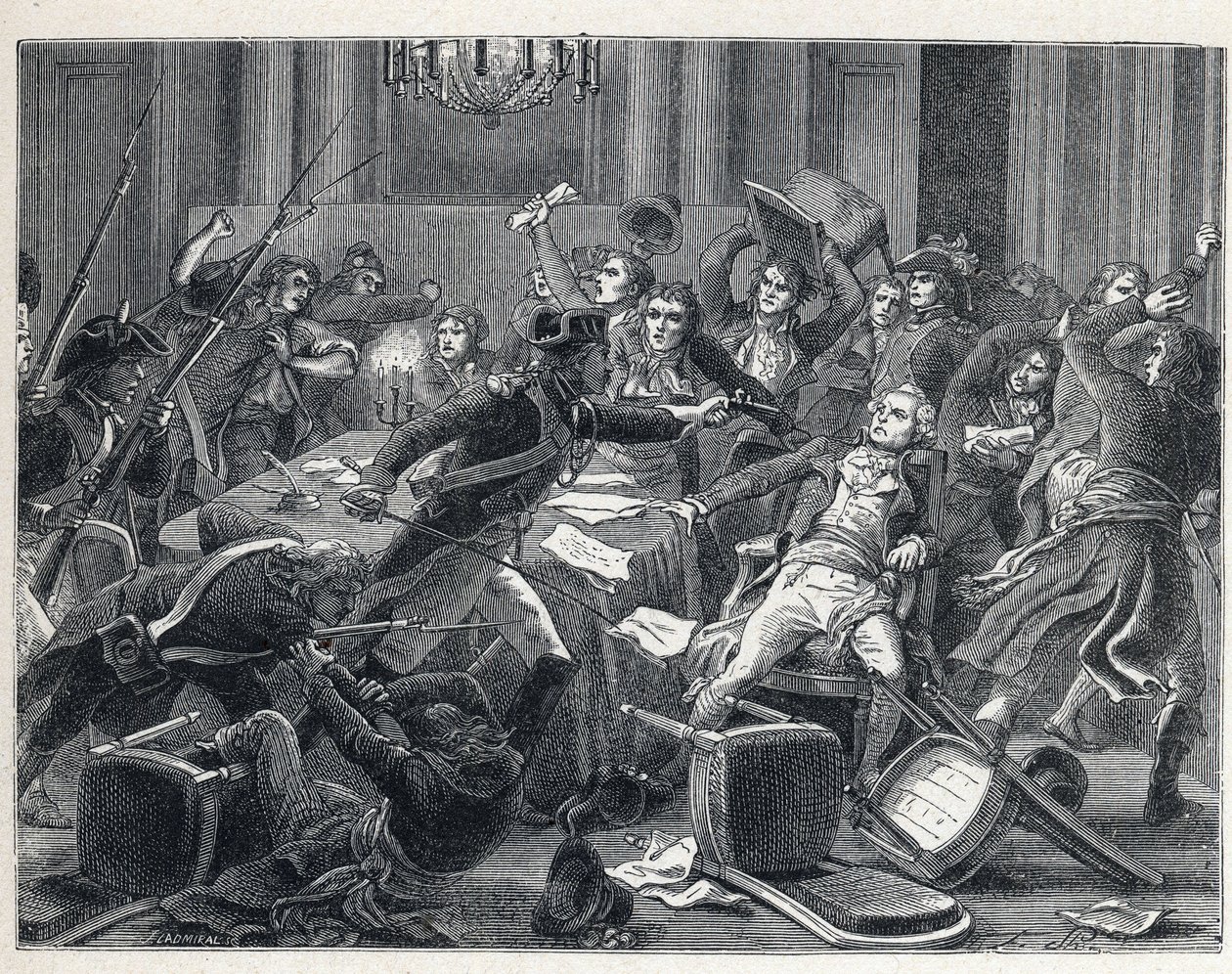 La Terreur podczas Rewolucji Francuskiej: aresztowanie Maksymiliana de Robespierre (1758-1794) i jego zwolenników ponownie spotkali się w Hotel de Ville de Paris 9 termidora roku II (27 lipca 1794). W centrum żandarm strzelił z pistoletu w Robespierre