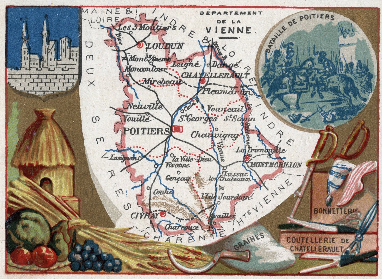 La Vienne (86), Poitou-Charentes (Poitou Charentes), Francja. Nasiona, sztućce Chatellerault i wyroby pończosznicze. Seria o francuskich departamentach. Chromolitografia (Chromo) „”nić geograficzna””, ok. 1920 r. Zbiory prywatne. autorstwa French School