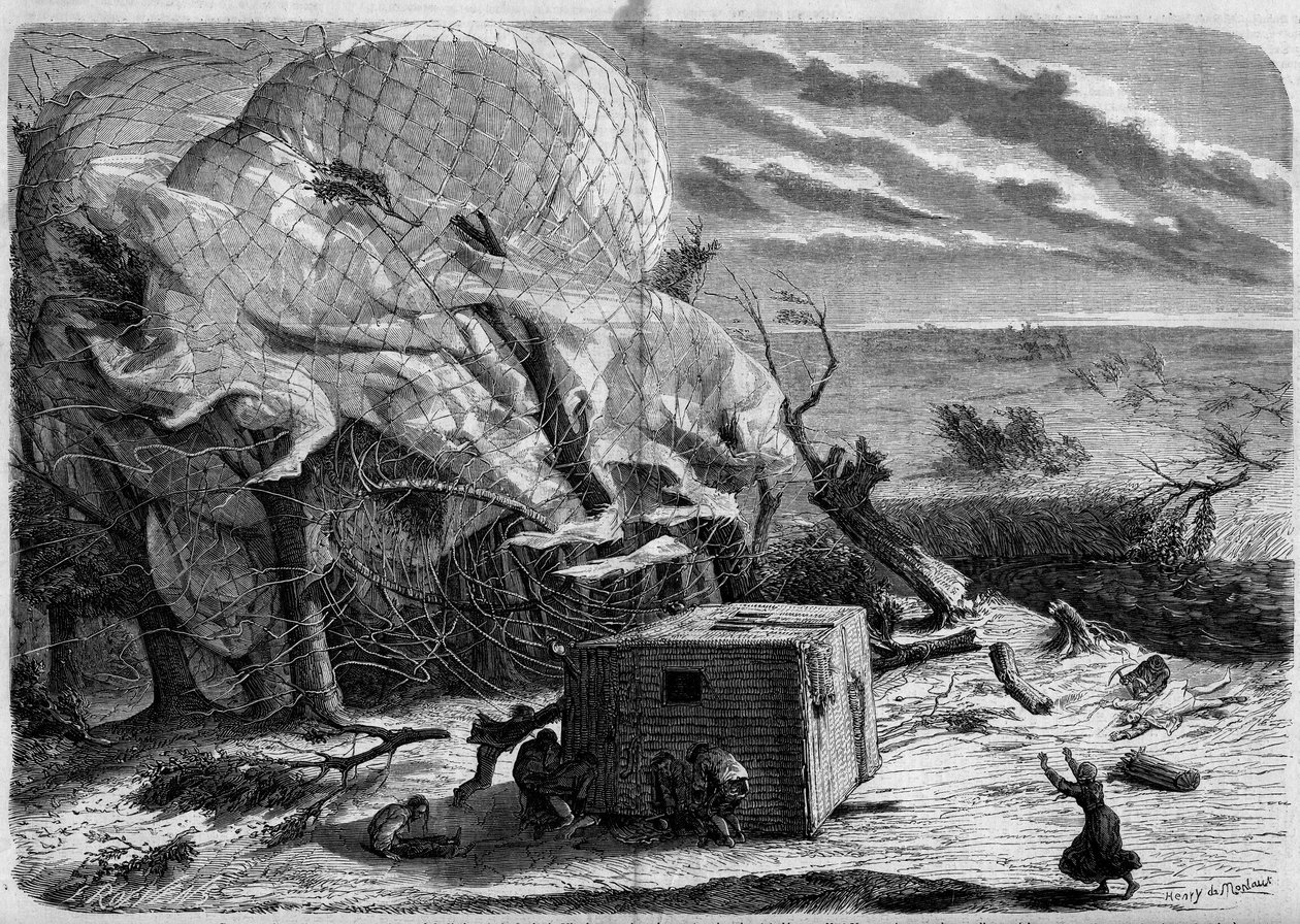 Upadek balonu „Le Geant” na równinach Hanoweru w 1863 r. na pokładzie: Jules i Louis Godard, Felix Nadar, jego żona, Fernand Montgolfier i Thirion. Aeronauci próbują ratować złapaną pod koszem panią Nadar. Grawerowanie w „Świat Illus autorstwa French School